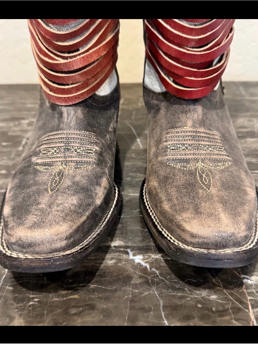 Durango Black, White & Red Distressed Leather Western Ankle Boots - Picture 4 of 6